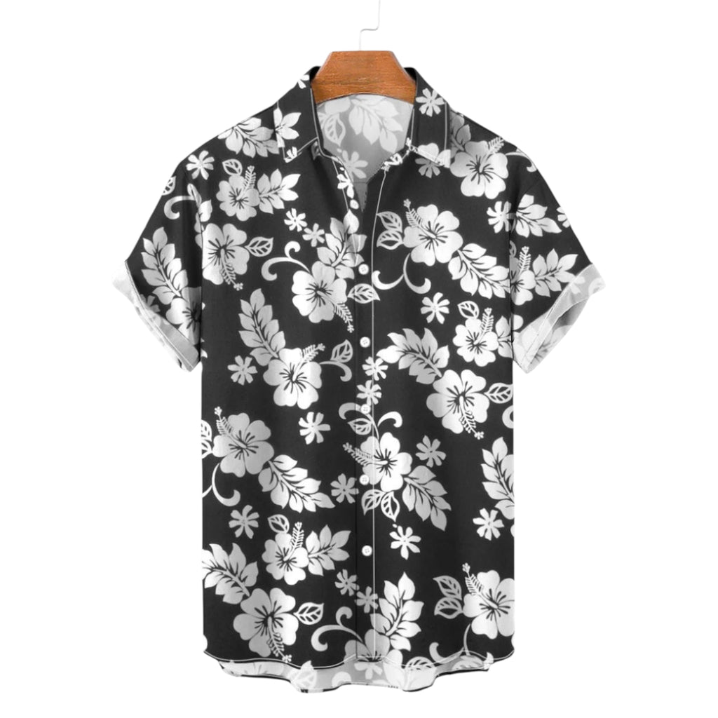 Camicia casual alla moda da uomo in fibra di poliestere tinta unita con motivo floreale, abbigliamento da uomo in stile marittimo, camicia casual stampata