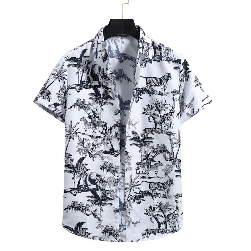 Modieus casual overhemd voor heren, effen kleur, vintage 3D-geprint patroon, korte mouwen, Hawaiiaans casual overhemd voor heren