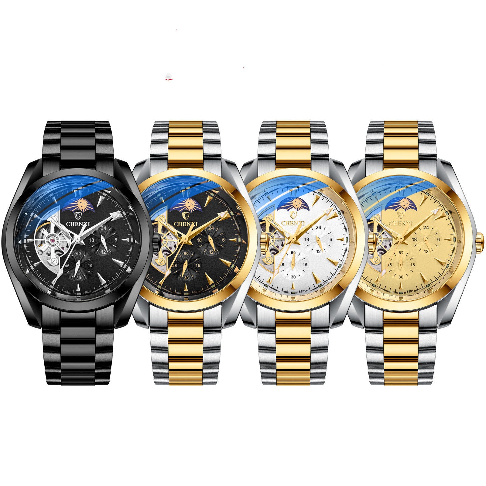 Orologio meccanico automatico da uomo impermeabile con sole, luna e stelle