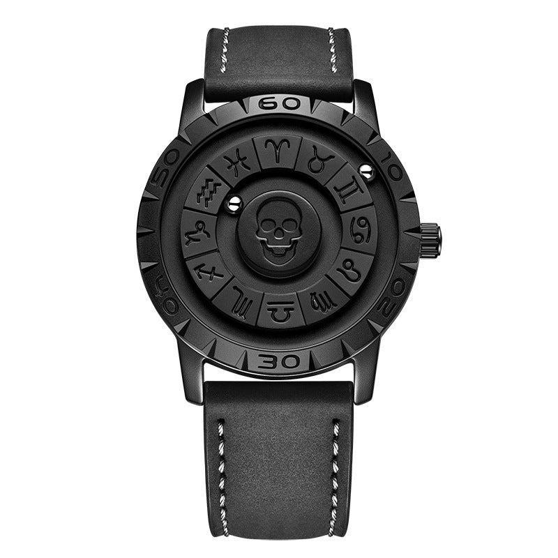 FOXBOX-Men's Magnetic Quartz Wristwatch Creative Scroll Pointer Genuine Leather Watch