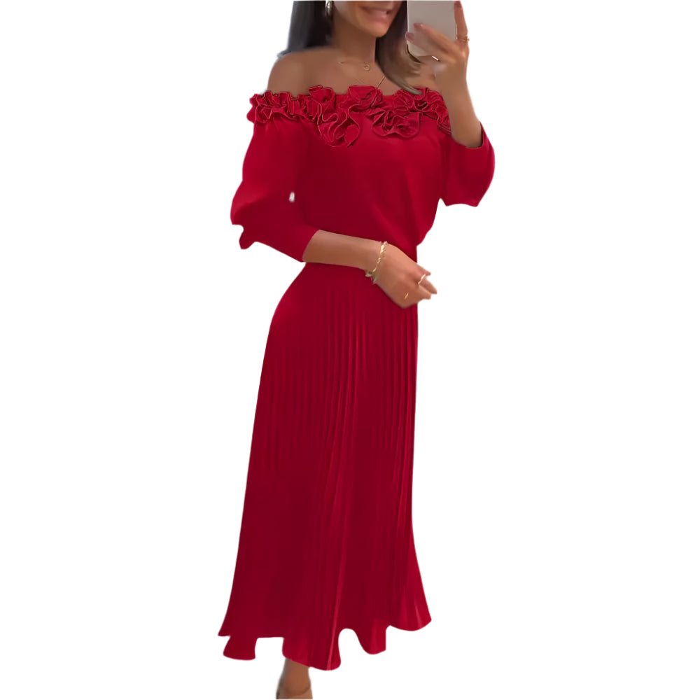 Women's Off-the-Shoulder Pleated Midi Dress with Ruffles Three-dimensional Pleated Off-shoulder Pleated Women Dress