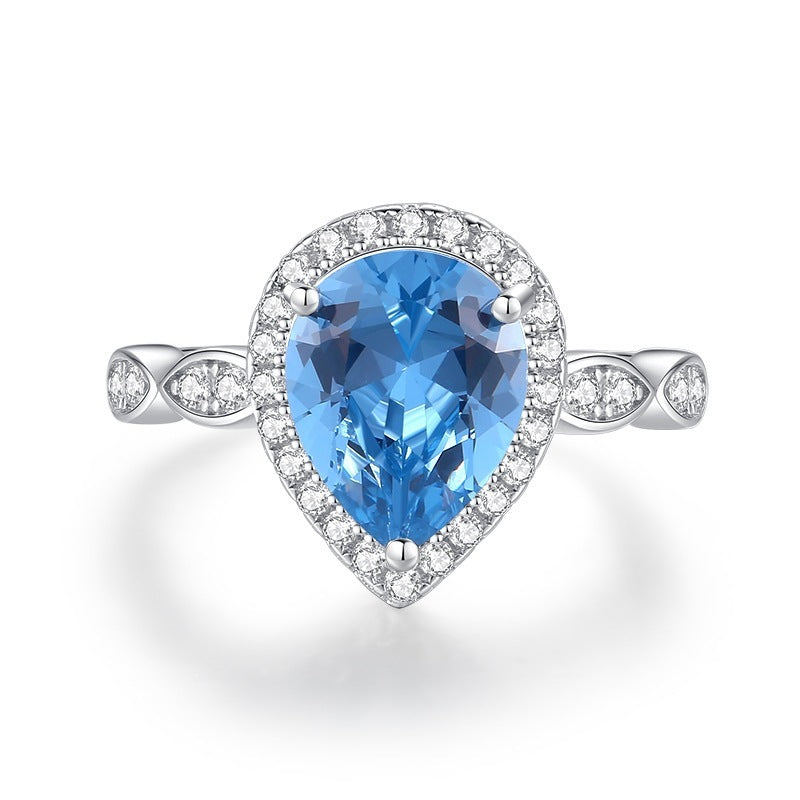 Ring met gekleurde edelstenen voor dames, S925 sterling zilver, oceaanblauw temperament, commute
