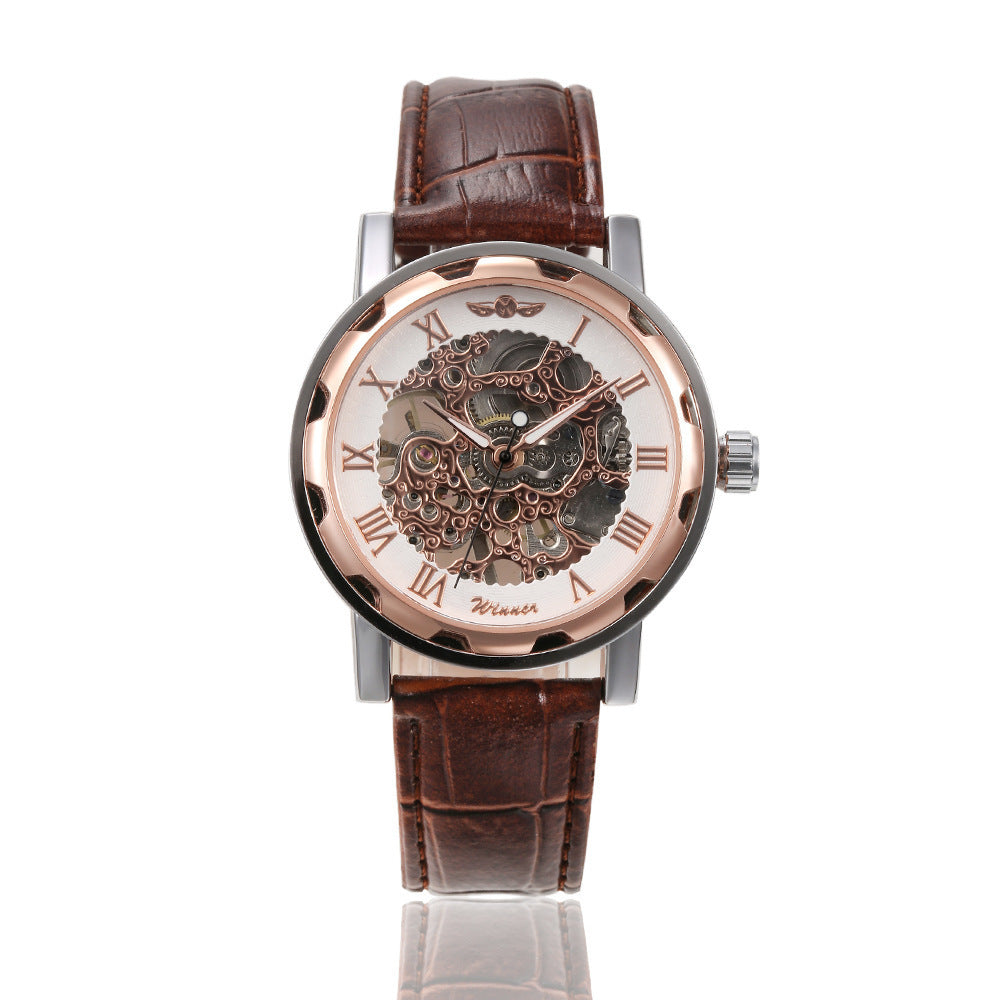 Winner Black Gold Men's Watch Relogios Skeleton Men's Watches Top Brand Luxury Montre Leather Wristwatch Men Mechanical Watch - Acquisti Online