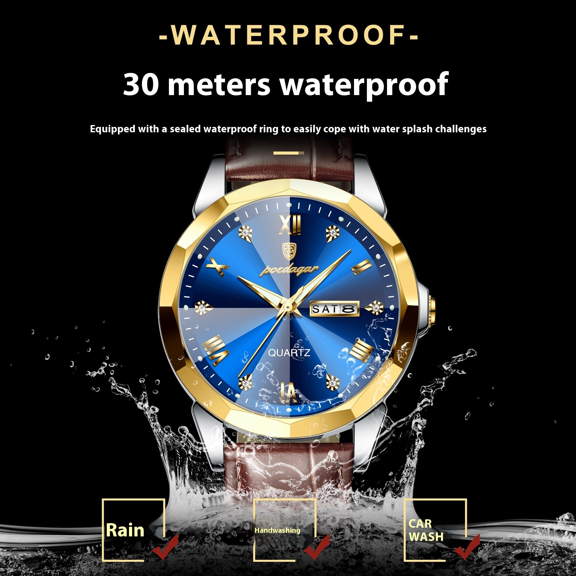 POEDAGAR Luxury Men's Quartz WristWatch Waterproof Luminous Weekly Date Leather Men's Watch
