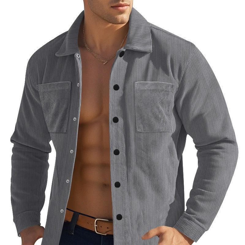 Men's Fashionable Shirt Long Sleeve Casual Multi Pocket Solid Color Corduroy Button up Slim Fit Men's Cardigan Shirt