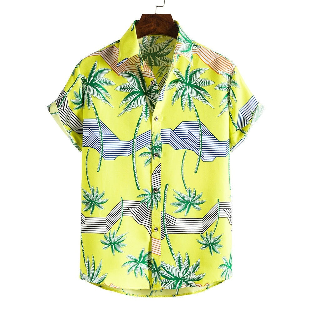 Men's Fashionable Casual Shirt Stripes/Tree Printed Short Sleeve Turn-down Collar Slim Hawaiian Men's Casual Shirt