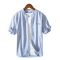 Men's Fashionable Casual Shirt Solid Color Pure Cotton Stripes Cardigan Short Sleeve Embroidered Men's Casual Shirt
