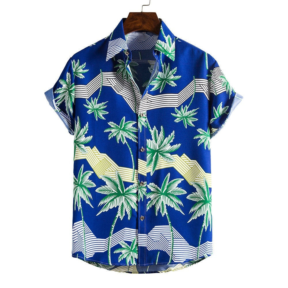 Men's Fashionable Casual Shirt Stripes/Tree Printed Short Sleeve Turn-down Collar Slim Hawaiian Men's Casual Shirt