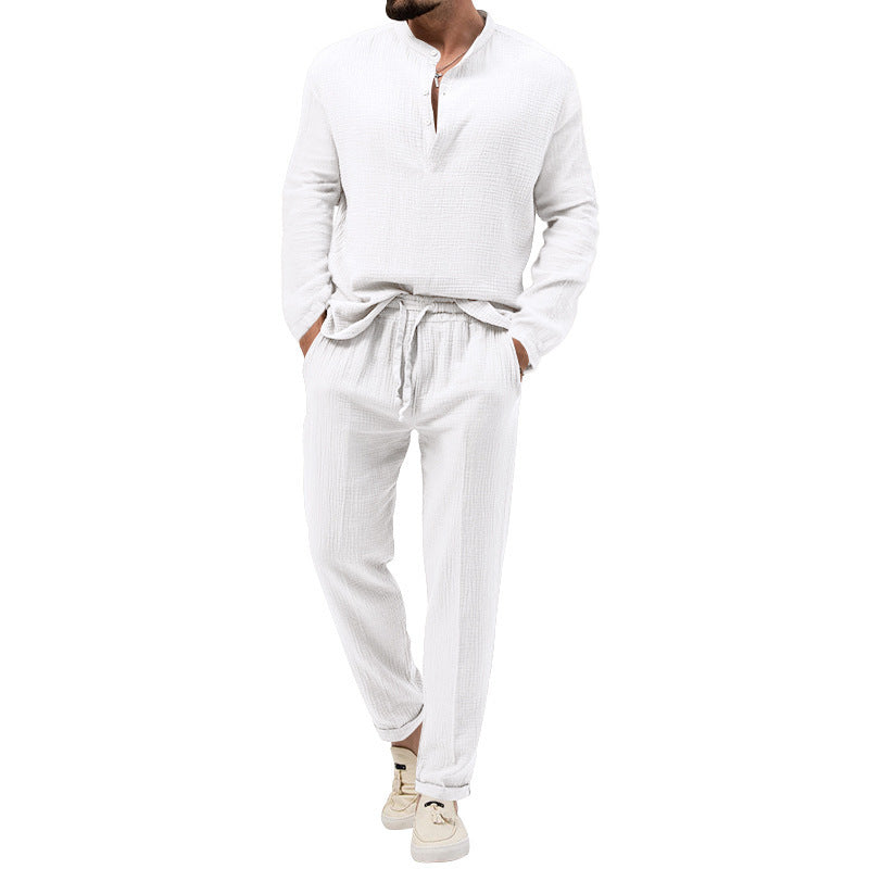 Men's Fashionable Casual Shirt Solid Color Polyester Fiber Casual Leisure T-shirt Long Sleeve Shirt Trousers Suit Men's Set - Acquisti Online
