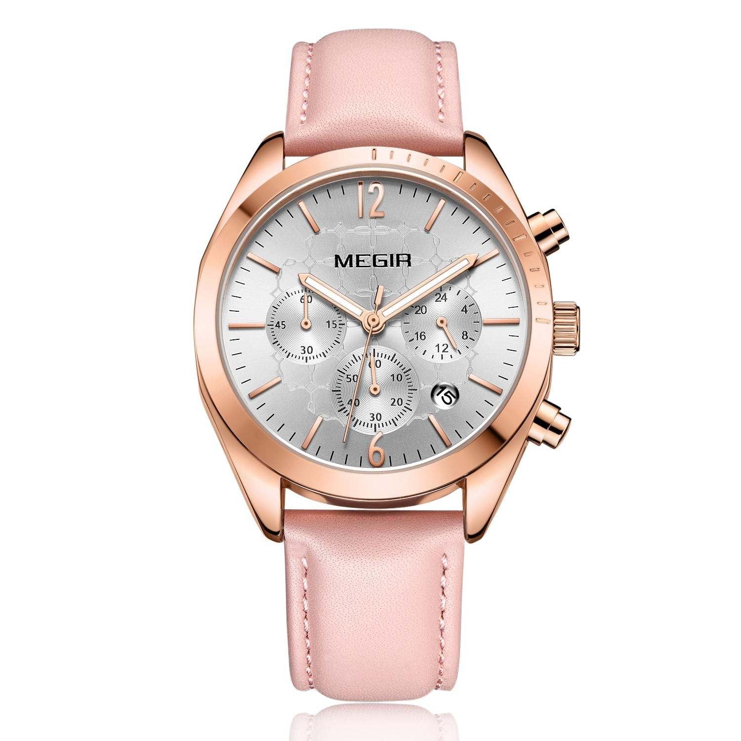 MEGIR Dames Quartz Horloge Waterdicht Topmerk Luxe Chronograaf Dames Polshorloge Echt Leer Casual Horloge