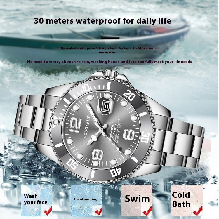 Fashion Men's Watches Stainless Steel Waterproof Quartz Wrist Watch Simulated Mechanical Movement Mineral Mirror Diver