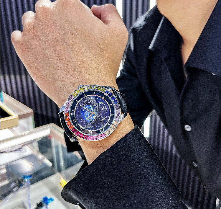 Orologio meccanico di lusso da uomo con quadrante rotante, cassa arcobaleno, orologio automatico alla moda, orologio da polso con cinturino in vera pelle, orologio luminoso con personalità