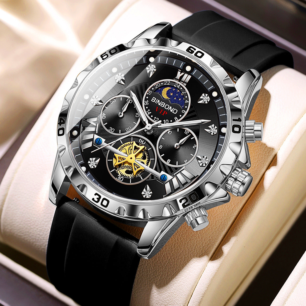 Binbond Brand Men Diamond Dial Watch Sports Men Soft Silicone Belt Quartz Movement Wristwatch Stainless Case Watches - Acquisti Online