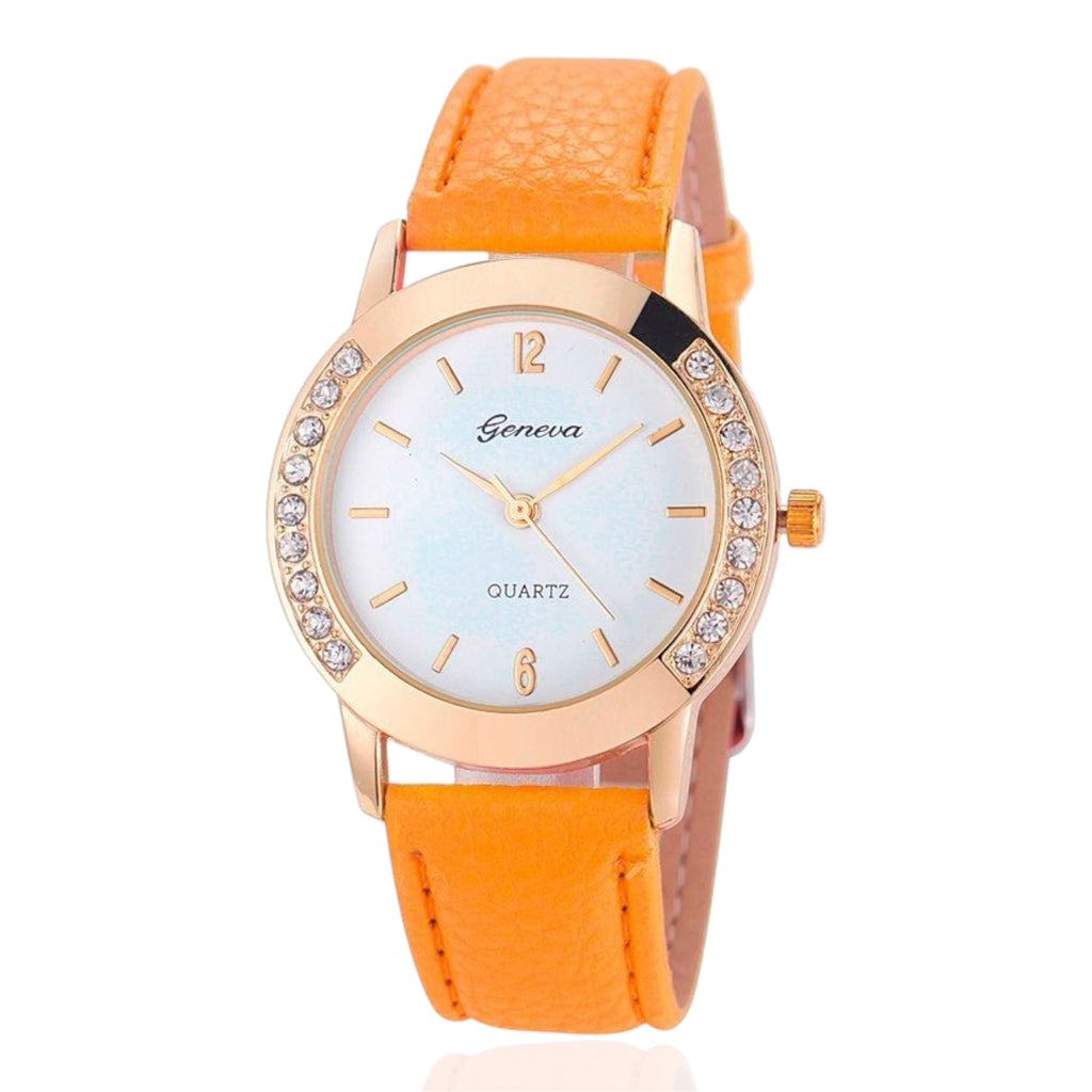 Geneva Fashion Women Watches Leather Band Quartz Watches Stainless Steel Case Rhinestone Crafted Ladies Quartz Watches
