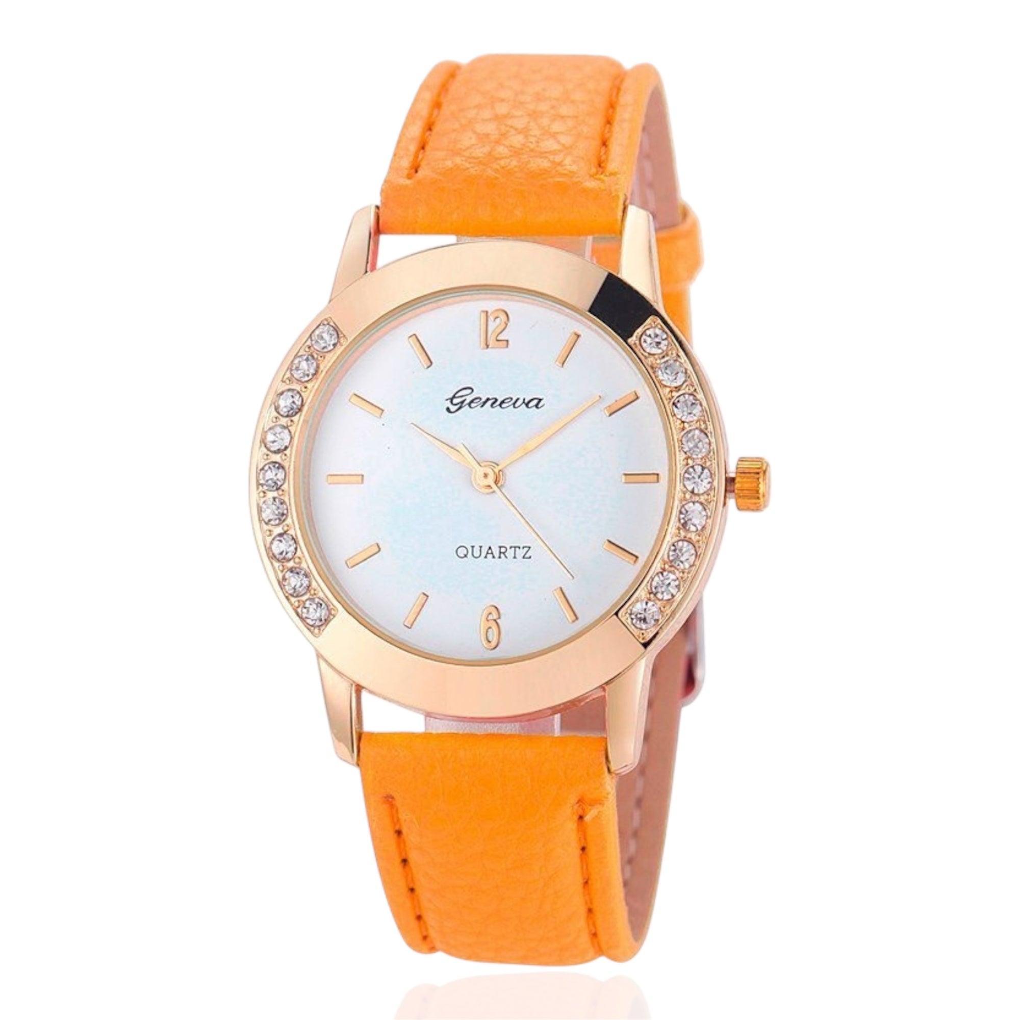 Geneva Fashion Women Watches Leather Band Quartz Watches Stainless Steel Case Rhinestone Crafted Ladies Quartz Watches