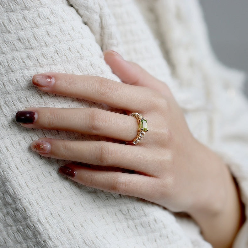 S925 Zilver Plating K Goud Ingelegde Rechthoekige Groene Olijf Ring