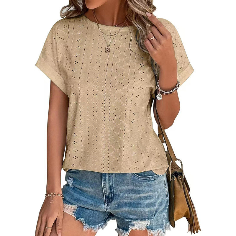 Damestops met borduurwerk, casual ronde hals en korte mouwen, trendy T-shirts