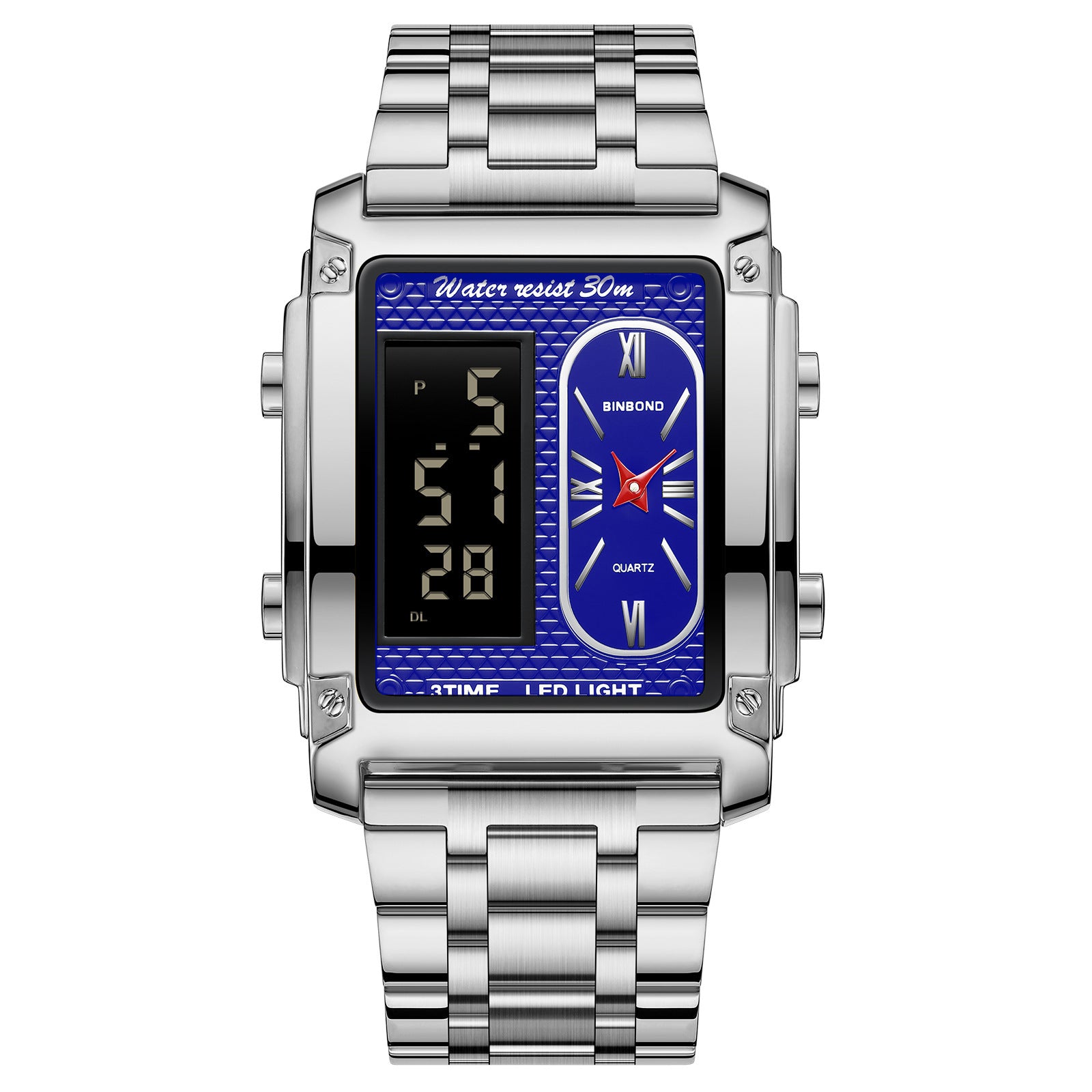 Binbond Men's Steel Belt Electronic Watch Double Inserts Multi-Functional Waterproof Quartz Movement Watch - Acquisti Online