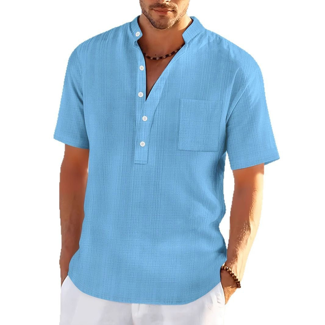 Stand Collar Short Sleeve Loose Leisure Vacation Henley Shirt - Acquisti Online