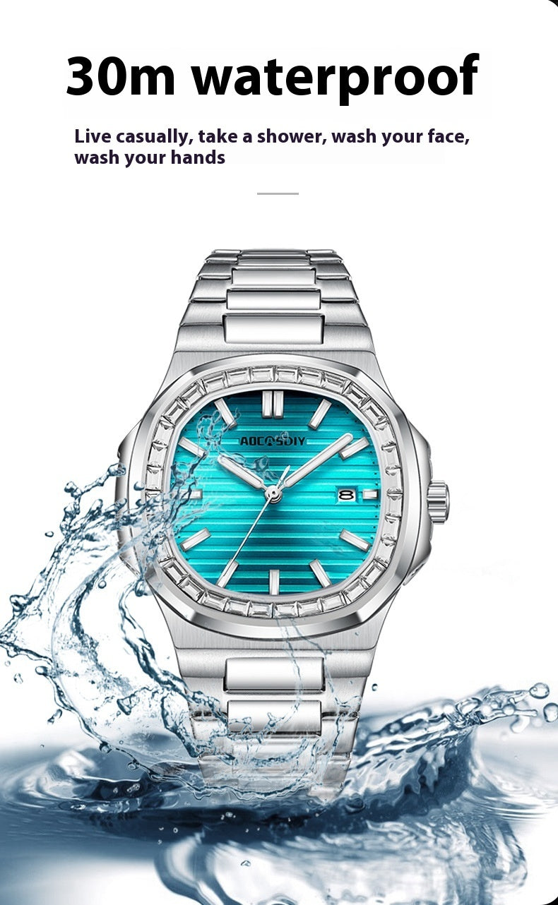 2024 Men's Fashion Diamond Luminous Quartz Watch Waterproof Steel Belt