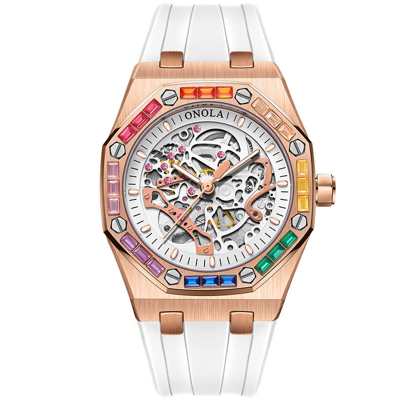 Orologio meccanico automatico da uomo con cinturino in silicone e diamanti arcobaleno