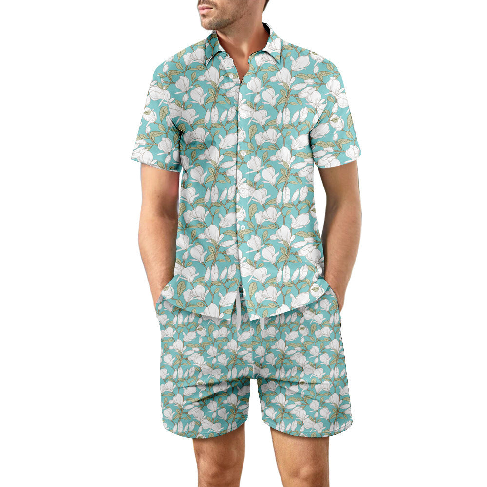 Men's Fashionable Casual Shirt 2Pcs Printed Suit Sets Loose Lapel Button Top Pure Cotton Men's Short Sleeve Shirt - Acquisti Online