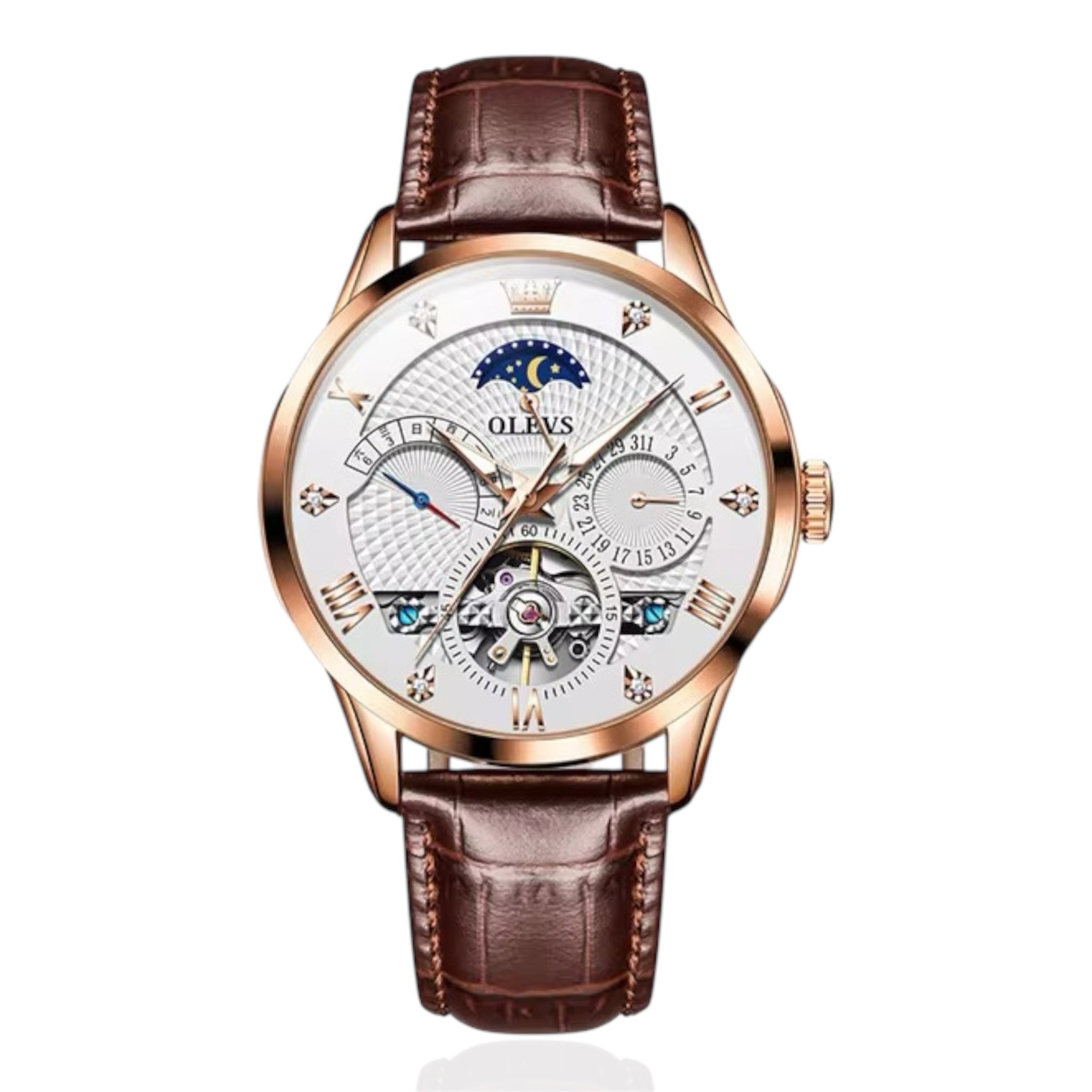 OLEVS Men's Watch Luxury Mechanical Wristwatch Men Leather Strap Waterproof Luminous Double Calendar Hollow Flywheel Automatic Mechanical Watch