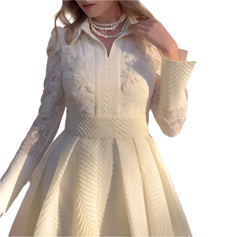 Witte voorkant borst bloem kralen kant garen Franse stijl retro lange mouw mode slanke damesjurk