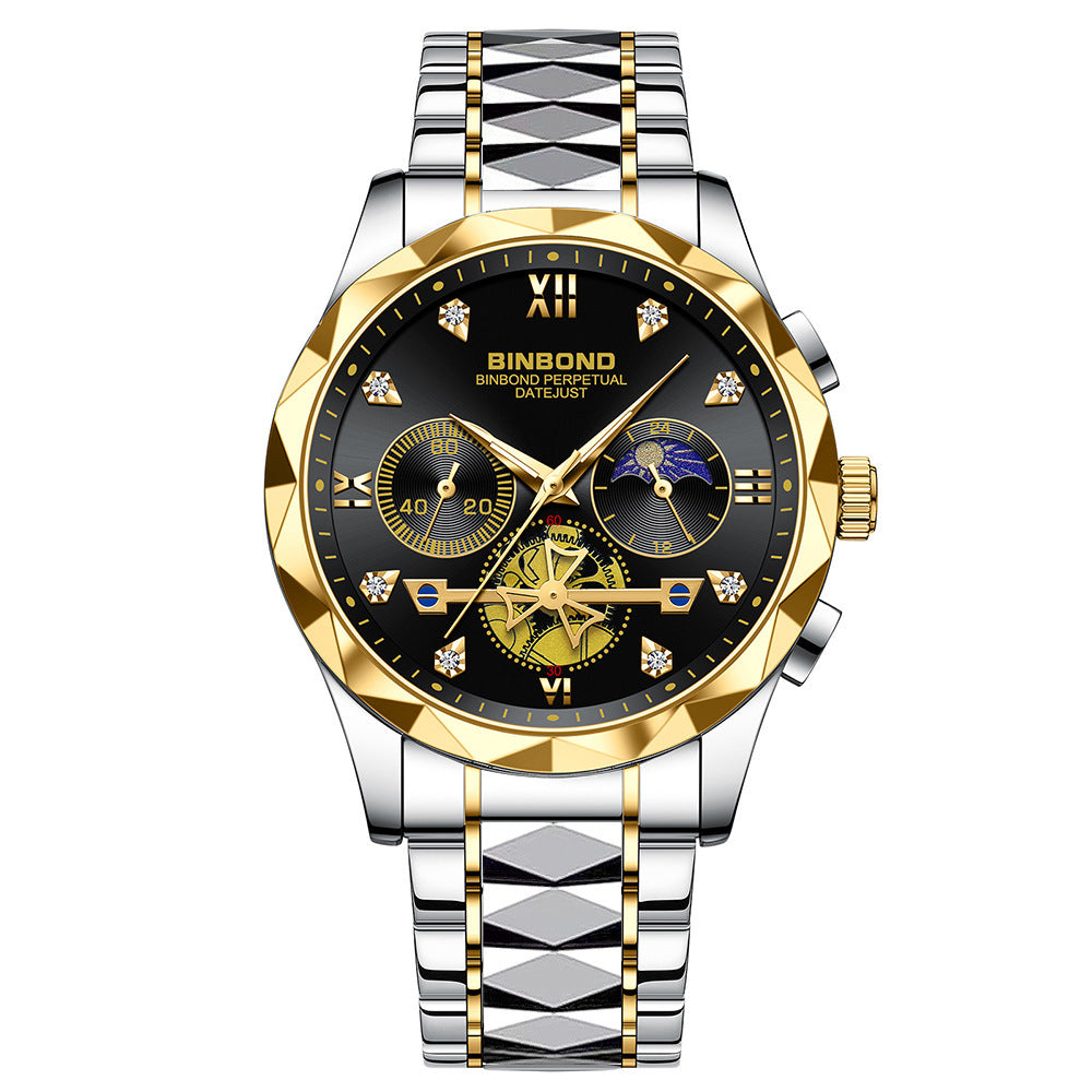 Mens Watch Diamond Big Face Stainless Steel Luxury Business Dress Date Day Wrist Watch Waterproof Luminous Multifunctional Quartz Watch - Acquisti Online