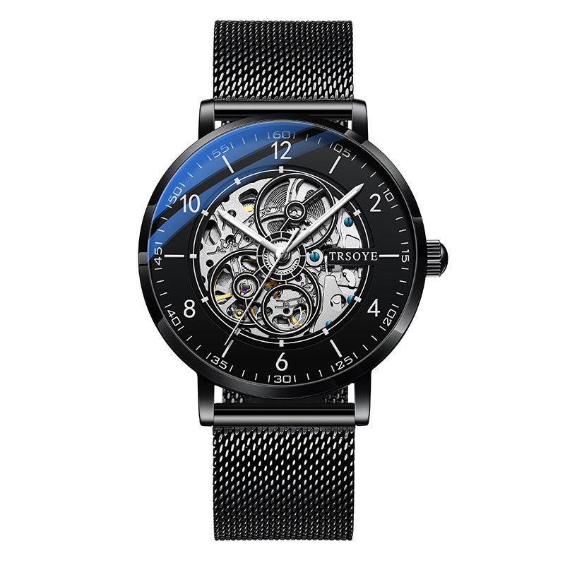 Orologio da uomo automatico TRSOYE di lusso alla moda con cinturino in pelle nera traforata, autentico e leggero