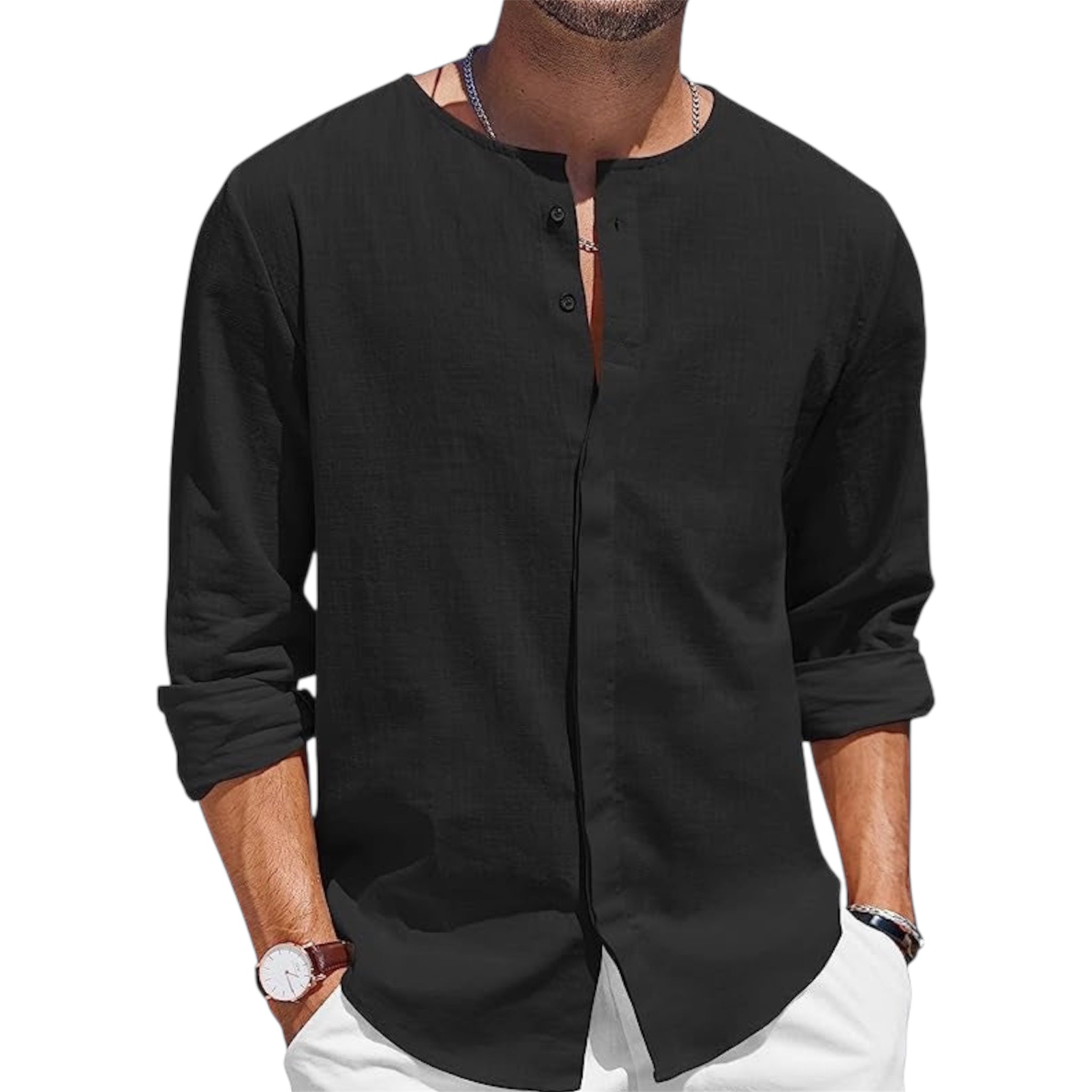 Camicia casual formale alla moda da uomo, cardigan in cotone e lino, colletto decorato con bottoni, camicia casual alla moda da uomo