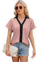 V-hals contrasterende korte mouwen losse T-shirt top voor dames