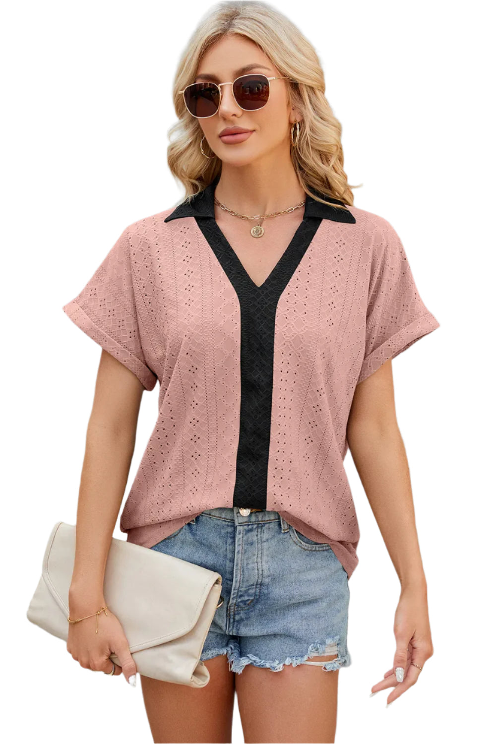 V-hals contrasterende korte mouwen losse T-shirt top voor dames