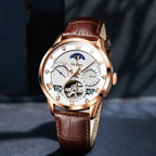 OLEVS Men's Watch Luxury Mechanical Wristwatch Men Leather Strap Waterproof Luminous Double Calendar Hollow Flywheel Automatic Mechanical Watch
