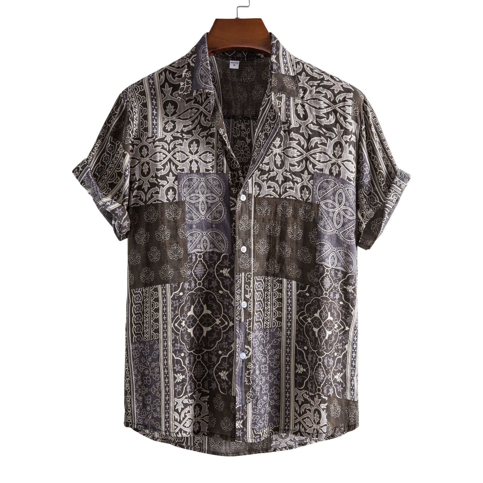 Men's Fashionable Casual Shirt Solid Color 3D Printed Men's V-Neck Collar Button-Down Shirt Short Sleeve Men's Shirt