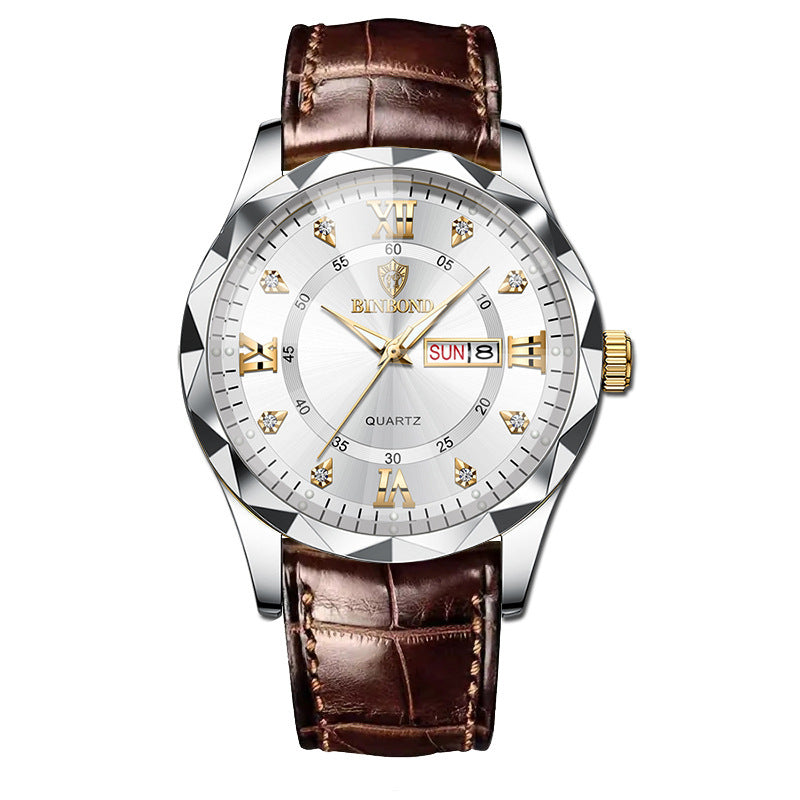 BINBOND Top Brand Luxury Fashion Men's Quartz Watch Waterproof Week Date Watch Men's Sports Watch Stainless Steel Quartz Wristwatch Genuine Leather Men's Waterproof Leisure watch