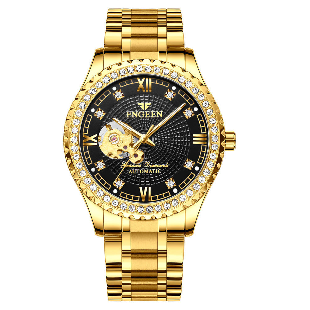 FNGEEN Explosion Automatic Double Sided Hollow Luminous Stainless Steel Strap Diamond Inlaid Men Mechanical Watch