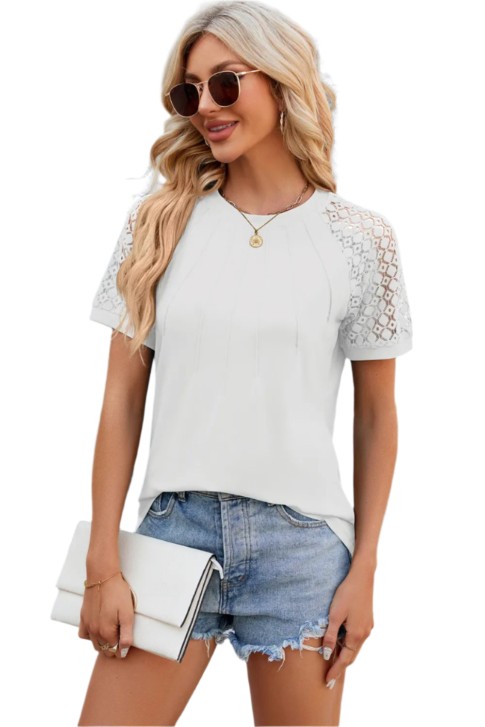 T-shirttop met ronde hals, kantpatchwork en korte mouwen voor dames
