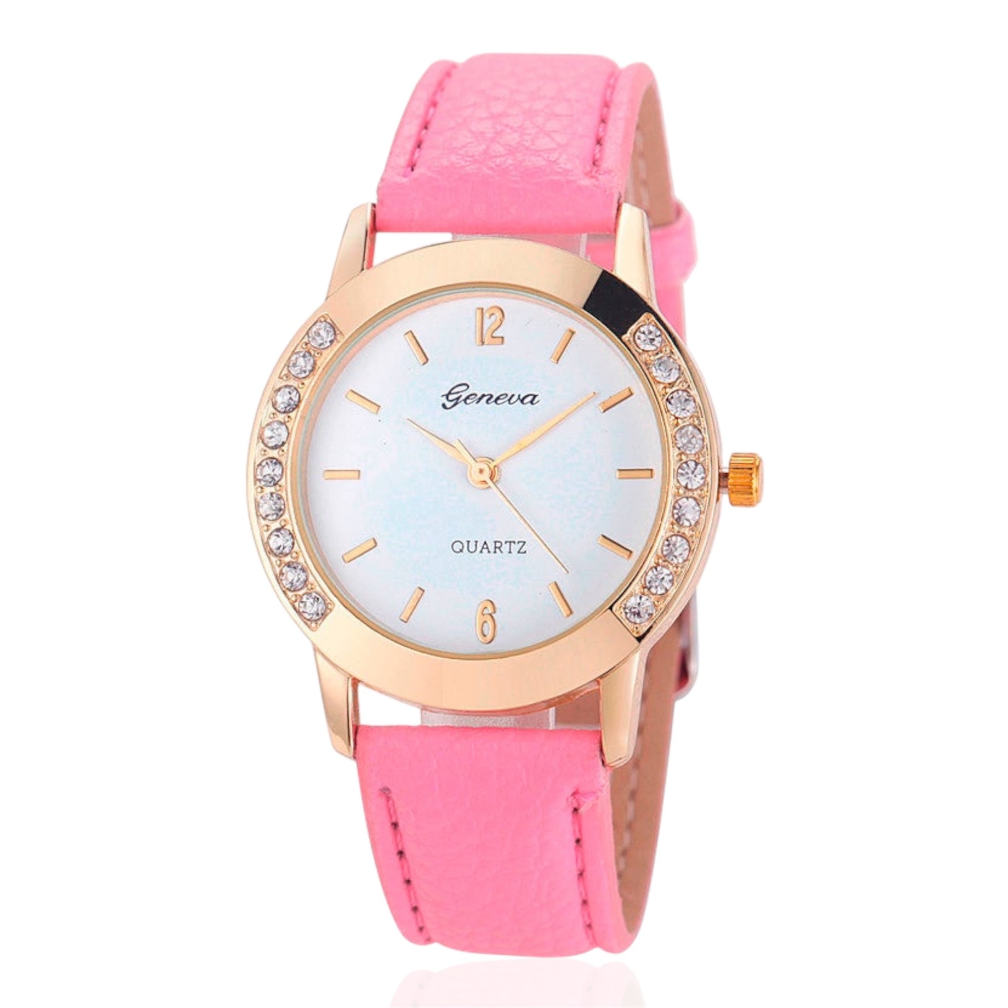 Geneva Fashion Women Watches Leather Band Quartz Watches Stainless Steel Case Rhinestone Crafted Ladies Quartz Watches