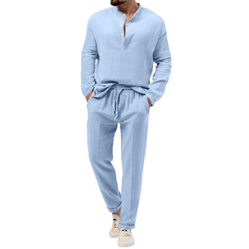 Men's Fashionable Casual Shirt Solid Color Polyester Fiber Casual Leisure T-shirt Long Sleeve Shirt Trousers Suit Men's Set - Acquisti Online