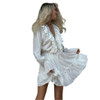 Fashion V Neck Pleated Ruffle Long Sleeve Dress Y2K V Neck Flared Sleeve Short Dress Women's Clothing