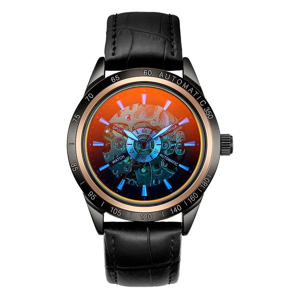Orologio meccanico da uomo con cinturino in pelle in stile retrò e quadrante cavo