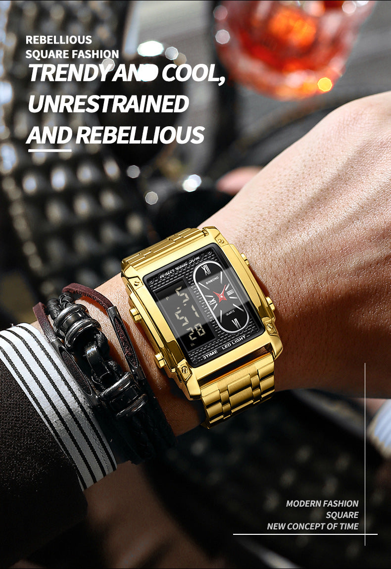 Binbond Men's Steel Belt Electronic Watch Double Inserts Multi-Functional Waterproof Quartz Movement Watch - Acquisti Online