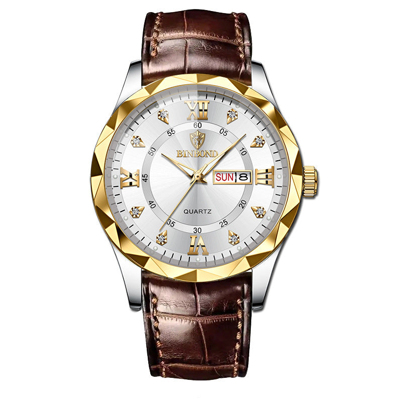 BINBOND Top Brand Luxury Fashion Men's Quartz Watch Waterproof Week Date Watch Men's Sports Watch Stainless Steel Quartz Wristwatch Genuine Leather Men's Waterproof Leisure watch