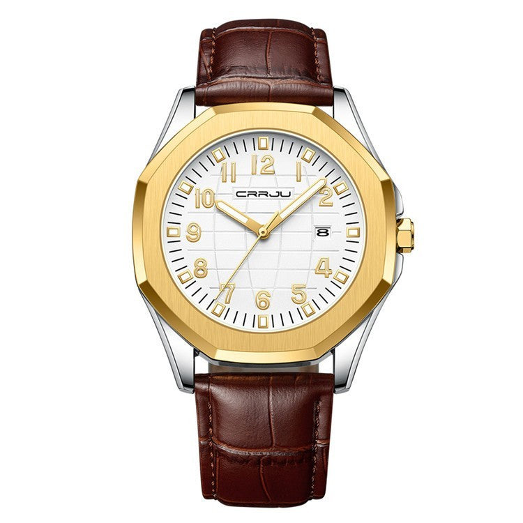 Orologio da uomo CRRJU, orologio al quarzo originale di alta marca, cinturino in pelle, impermeabile, calendario, semplice, alla moda.