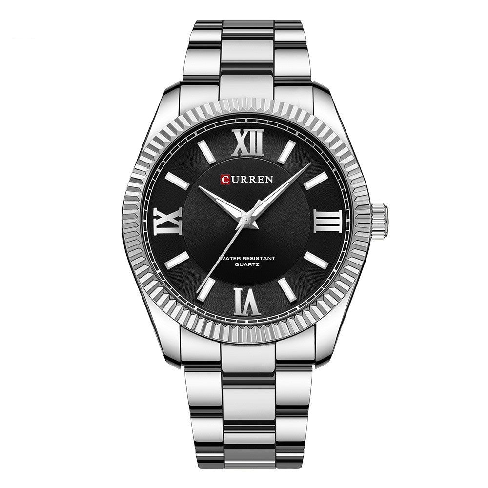 Herenhorloge met lichtgevende stalen band en Romeinse schaal, quartzhorloge