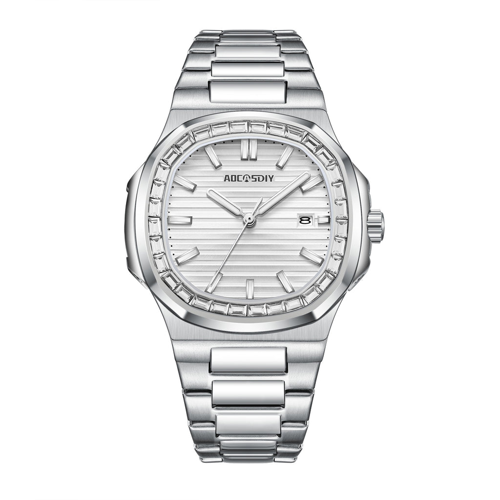 AOCASDIY Top Luxury Brand Fashion New Men's Waterproof Watch with Super Luminous Square Diamond Quartz Watch Full Steel Belt Watch