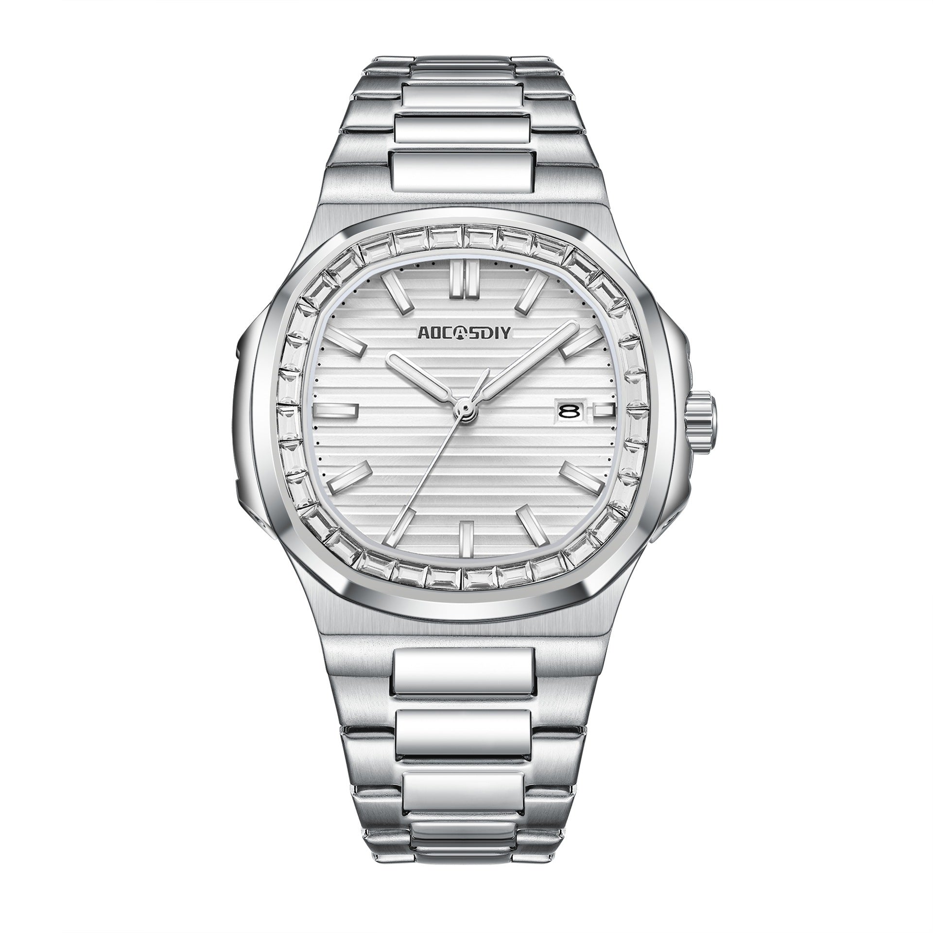 AOCASDIY Top Luxury Brand Fashion New Men's Waterproof Watch with Super Luminous Square Diamond Quartz Watch Full Steel Belt Watch