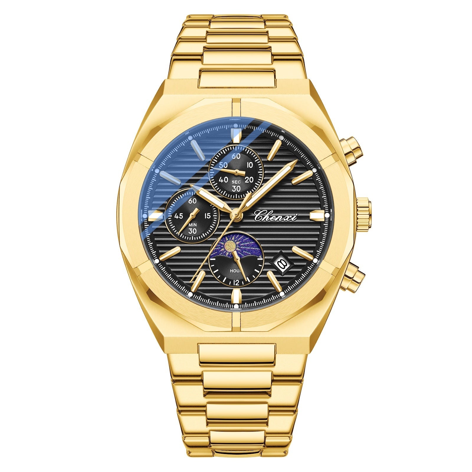 CHENXI 962 Orologio da uomo al quarzo con cinturino in acciaio inossidabile, cronografo di lusso, luminoso, impermeabile, con data