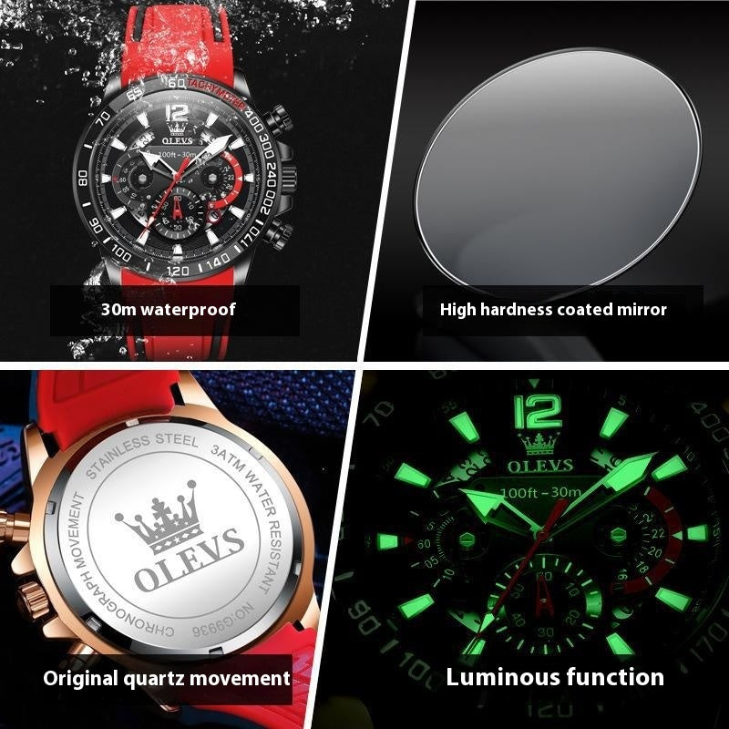 OLEVS Brand Multifunctional Waterproof Luminous Men Quartz Watch Silicone Band Multi-function Luminous Quartz Watch